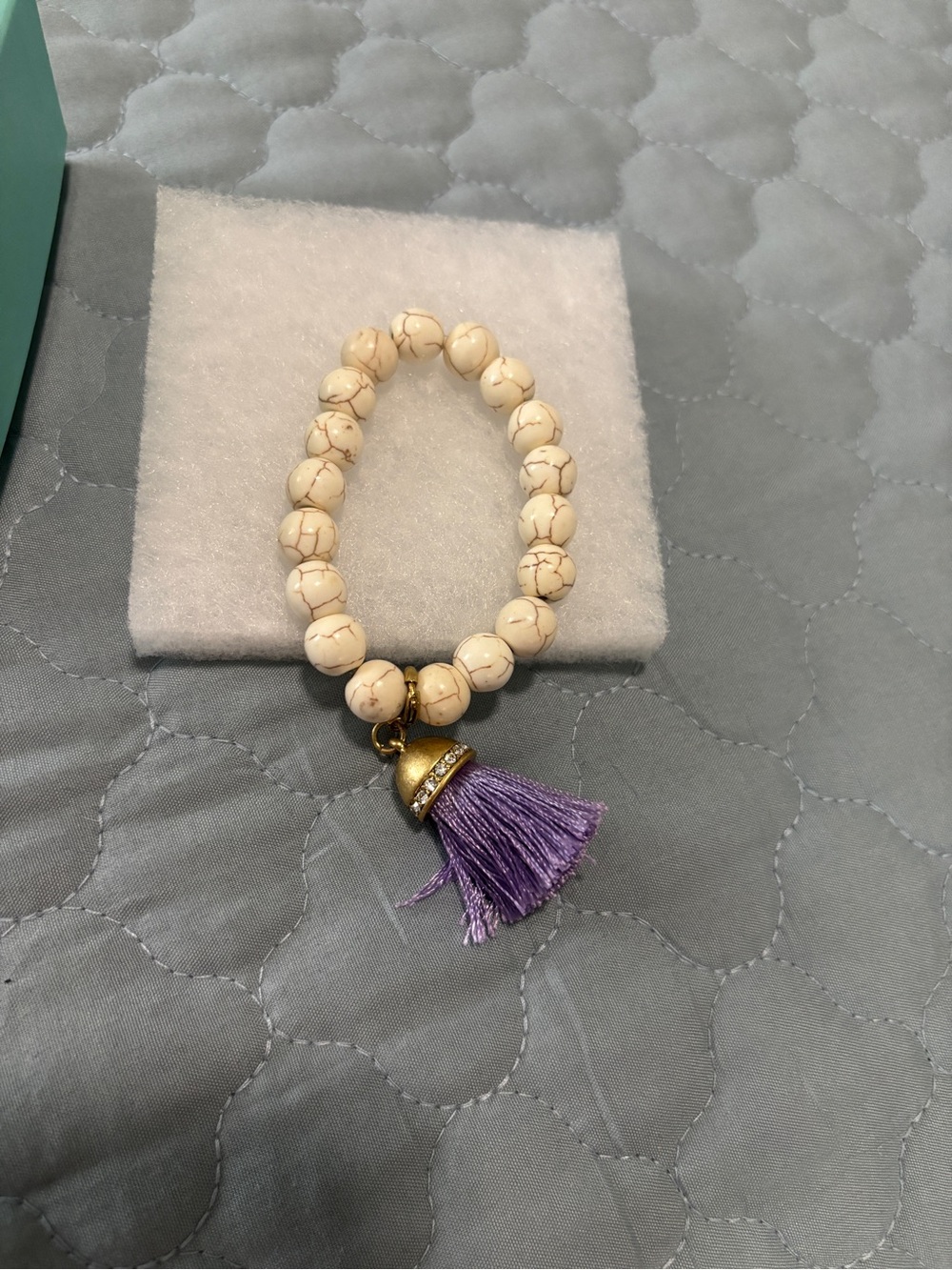 jBloom New Cream Beaded Bracelet with Purple Tassel Charm Inside diameter 2” - Picture 2 of 4
